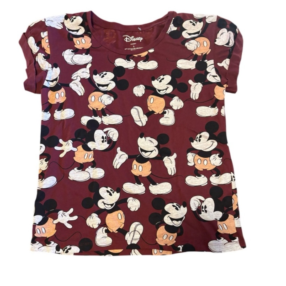 Disney Mickey Mouse Allover Print Tee - Juniors Large - Distressed Look